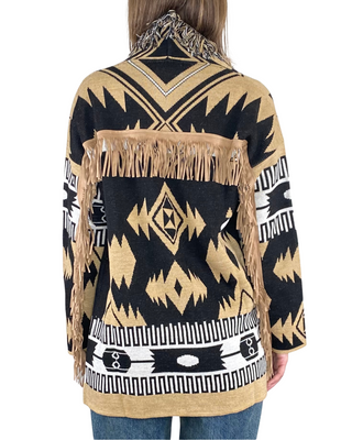 Vicolo - Cardigan etnico con frange - NERO