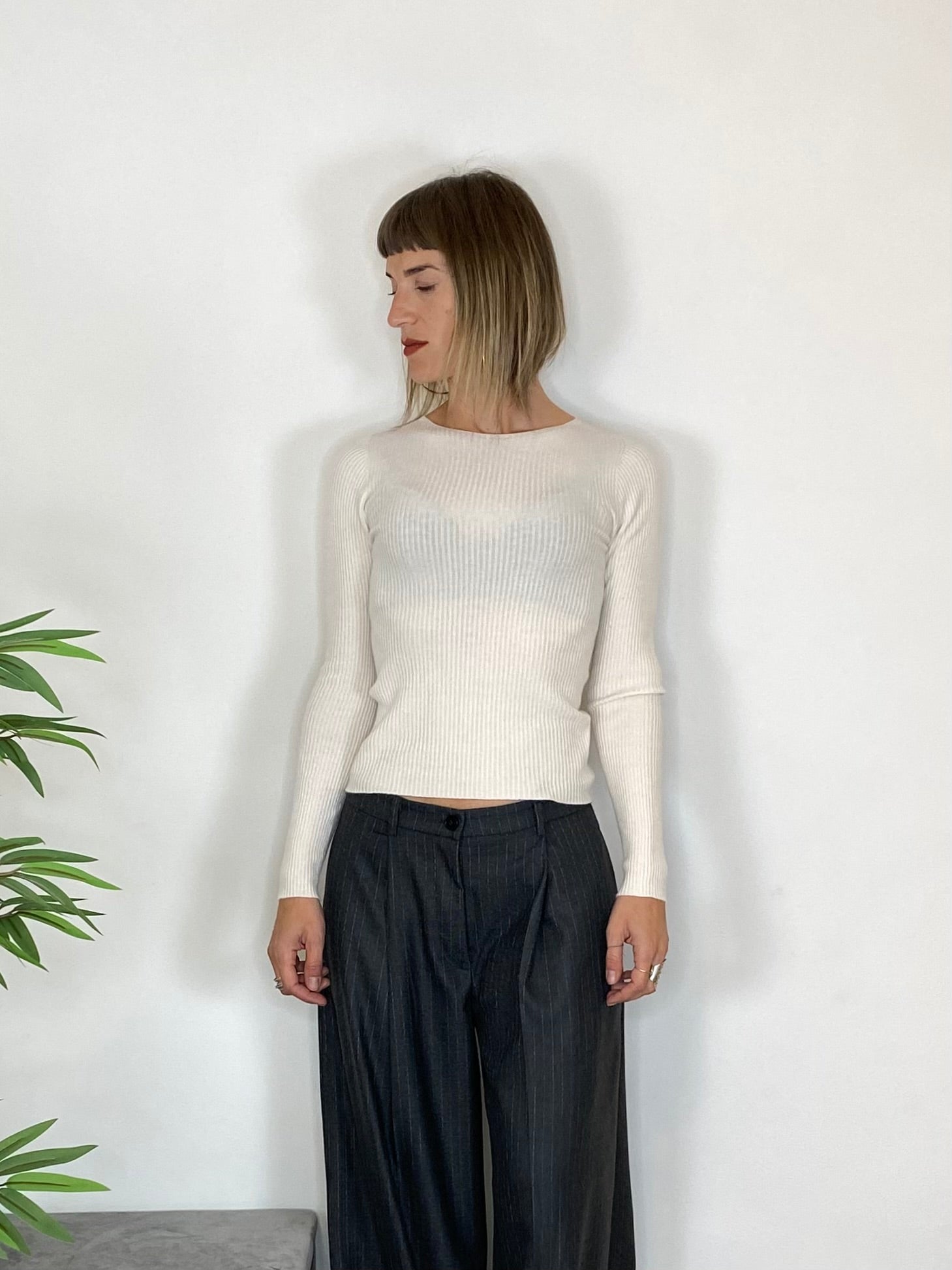 Maglia slim girocollo - PANNA