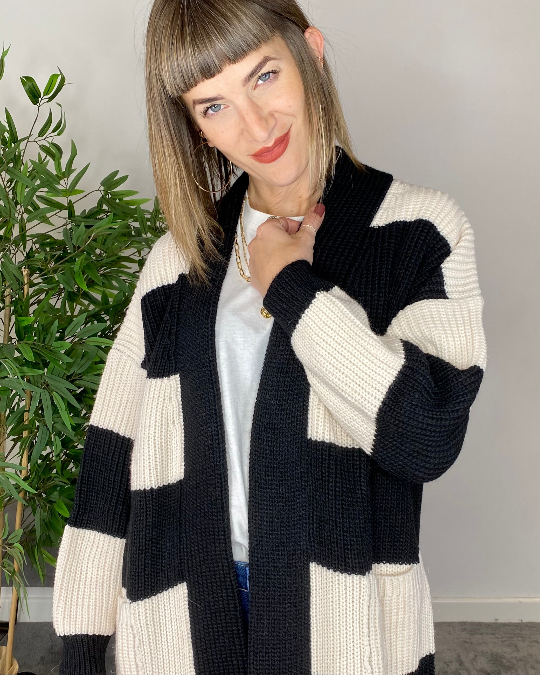 Cardigan lana righe - PANNA