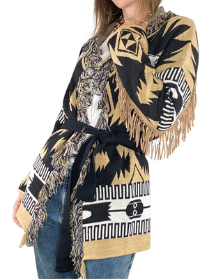 Vicolo - Cardigan etnico con frange - NERO