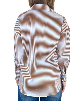 susy mix - camicia rigata c/tasche e cabochon - tabacco