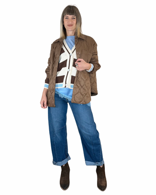 CADì cardigan riga larga cotone celeste - dettaglio outfit completo