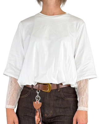 Habiti - T-shirt rimborsata con maniche in pizzo - PANNA