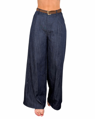Habiti - Pantalone palazzo in chambray - BLU