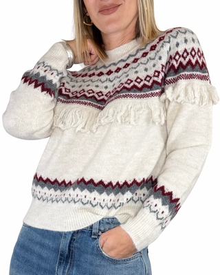 Susy Mix - Pull jacquard con frangia - BURRO