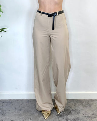 Haveone - Pantalone largo elastico cinturino - BEIGE