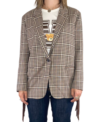 Vicolo - Blazer ovetto check con frange - MORO