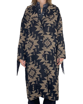 SUSY STAR - Cappotto leggero jacquard con frange - NERO
