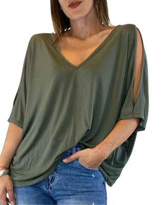 Habiti - T-shirt morbida doppio scollo cut-out - VERDE MILITARE