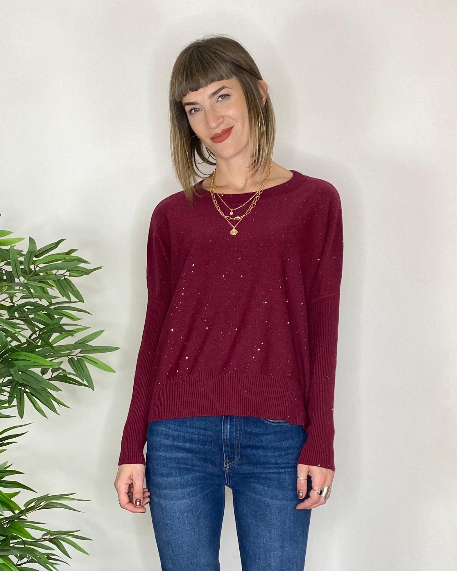 Maglia girocollo paillettes - BORDEAUX