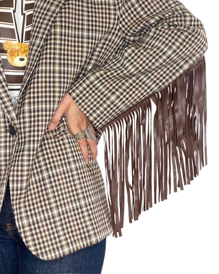 Vicolo - Blazer ovetto check con frange - MORO