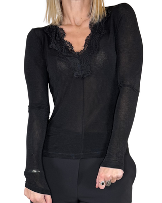 Haveone - T-shirt scollo V pizzo - NERO