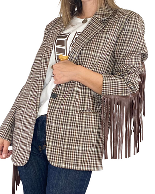 Vicolo - Blazer ovetto check con frange - MORO
