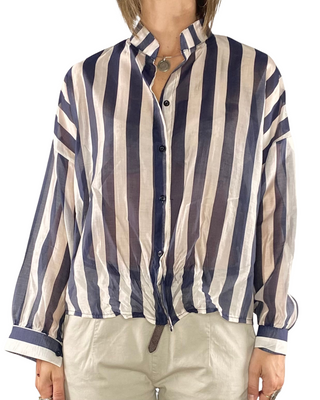 Habiti - Camicia righe con scollo coreana - BLU