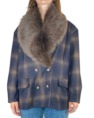 Tensione In - Cappottino over scozzese collo in ecopelliccia - BLU