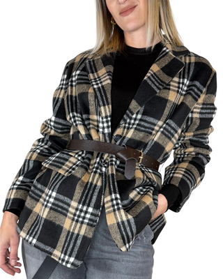 Susy Mix - Giacca cappotto check cintura - NERO