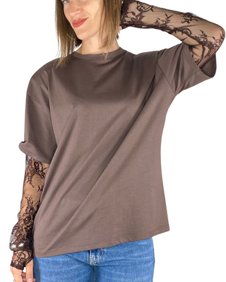 vicolo - t-shirt m/lunga in pizzo - moro