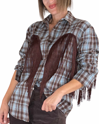 Habiti - Camicia flanella check con frange - TABACCO/CELESTE
