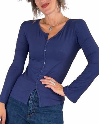 Habiti - T-shirt serafino a costine - BLU
