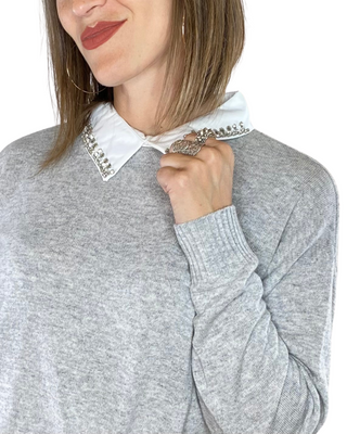 susy mix - maglia c/colletto cucito e strass - grigio