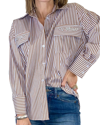 susy mix - camicia rigata c/tasche e cabochon - tabacco