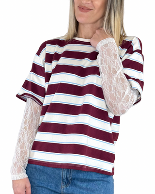 Haveone - T-shirt righe con manica in pizzo - BORDEAUX