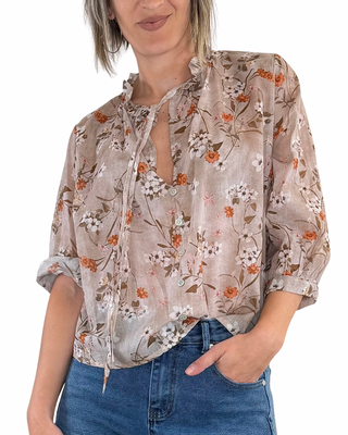 Habiti - Blusa fantasia in mussola di cotone - FANGO