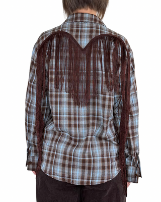 Habiti - Camicia flanella check con frange - TABACCO/CELESTE