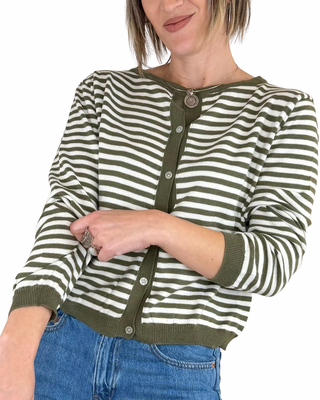 Habiti - Cardigan girocollo righe 100% cotone - VERDE MILITARE