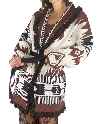 Vicolo - Cardigan etnico con cintura - CIOCCOLATO