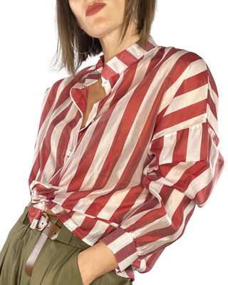 Habiti - Camicia righe con scollo coreana - ROSSO INDIA