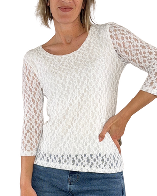 Habiti - T-shirt en dentelle manches 3/4 - BLANC