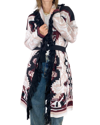 Vicolo - Cardigan lungo etnico con frange - BORDEAUX