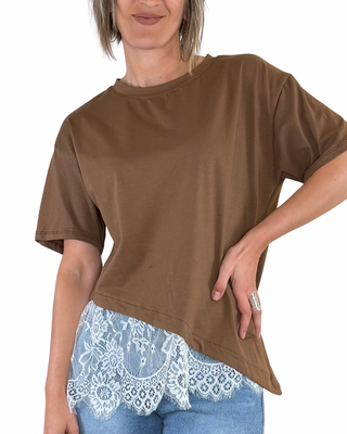 Habiti - T-shirt oblique avec dentelle contrastée - TABAC
