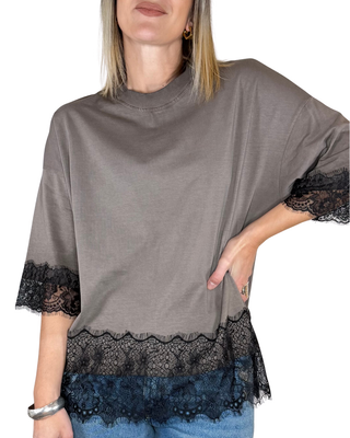 Haveone - T-shirt con pizzo - FANGO