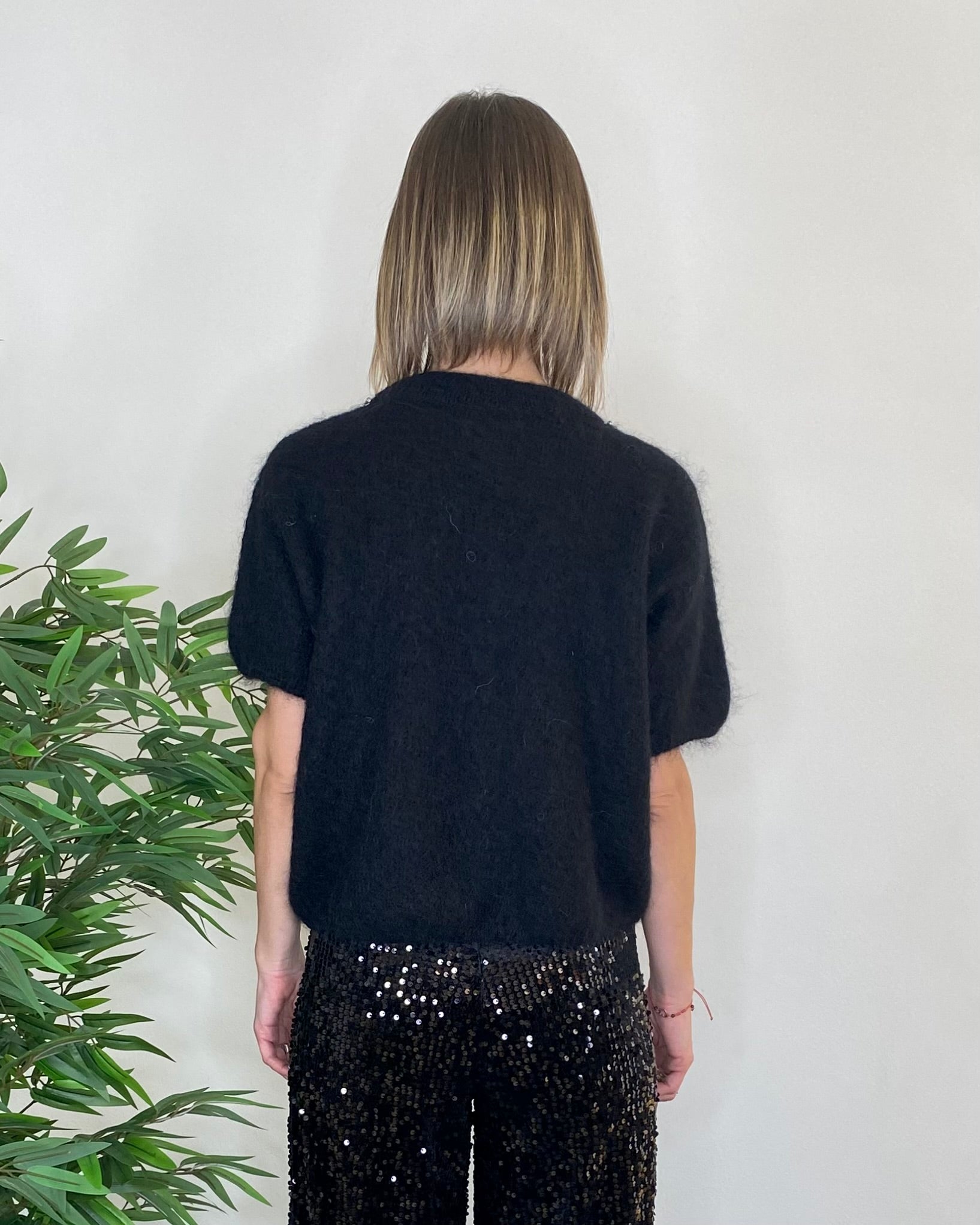 Maglia mezza manica strass mohair - NERO