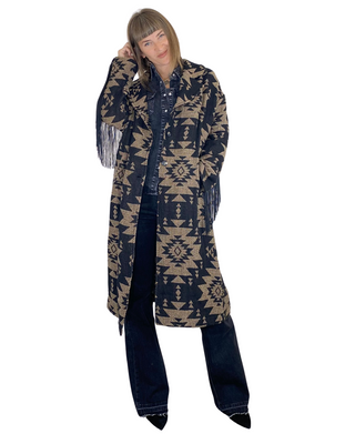 SUSY STAR - Cappotto leggero jacquard con frange - NERO