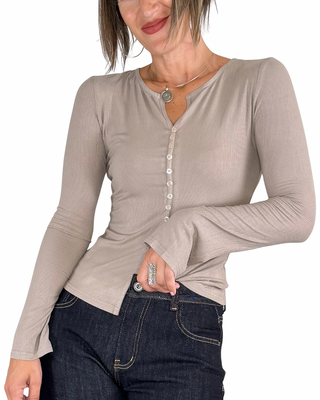 Habiti - T-shirt serafino a costine - FANGO