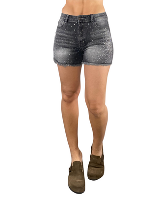Habiti - Shorts sfrangiato in denim con strass - NERO