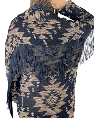 SUSY STAR - Cappotto leggero jacquard con frange - NERO