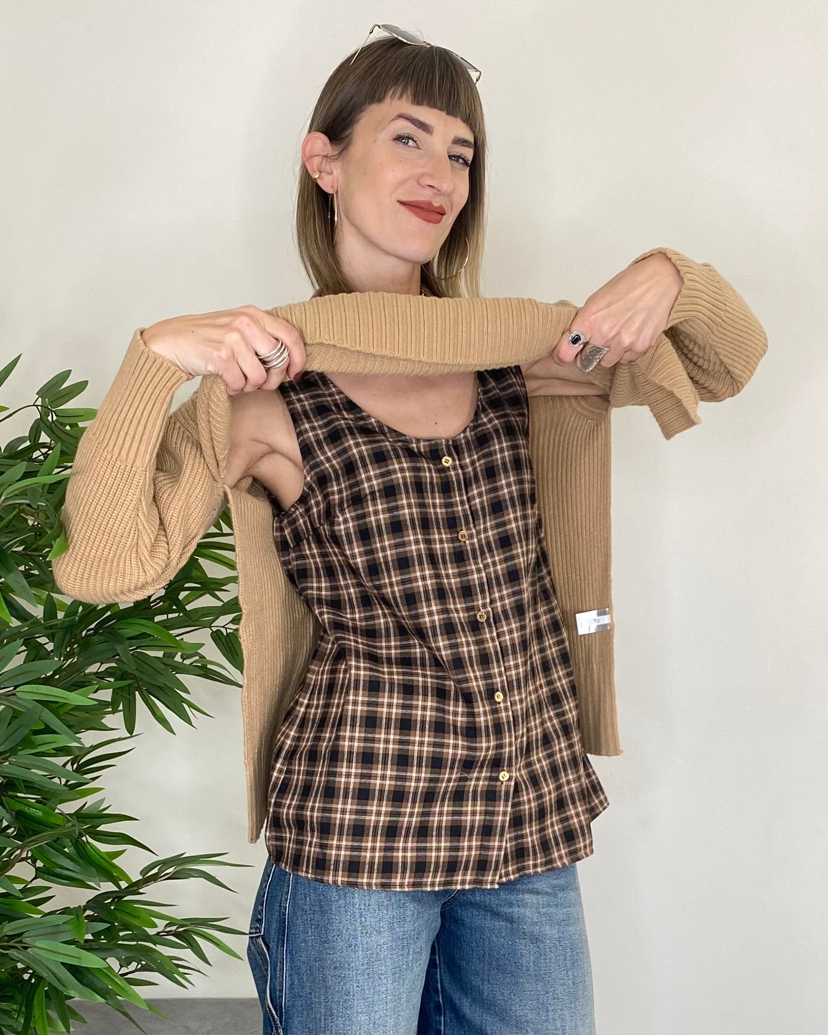 Maglia con camicia check - CAMMELLO