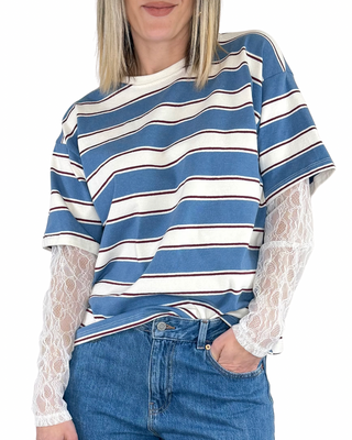 Haveone - T-shirt righe con manica in pizzo - JEANS