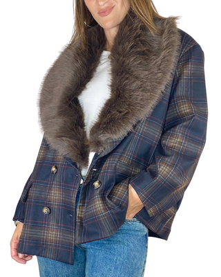 Tensione In - Cappottino over scozzese collo in ecopelliccia - BLU
