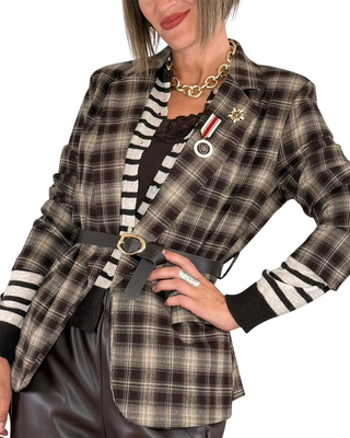 Habiti - Blazer check con spille e cintura - MORO