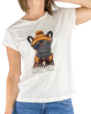Vicolo - T-shirt "New York" spilla perle - PANNA