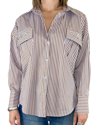susy mix - camicia rigata c/tasche e cabochon - tabacco