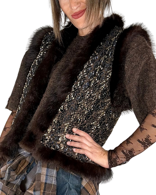 Habiti - Gilet paillettes ecopelliccia - MORO