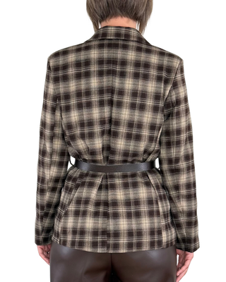 Habiti - Blazer check con spille e cintura - MORO
