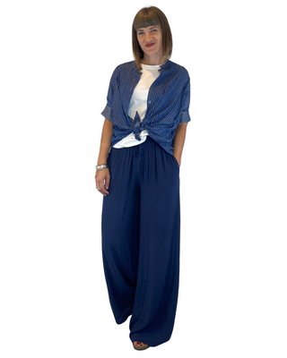 Habiti - Pantalone palazzo elastico in vita - BLU