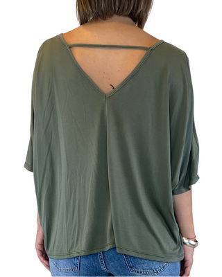 Habiti - T-shirt morbida doppio scollo cut-out - VERDE MILITARE